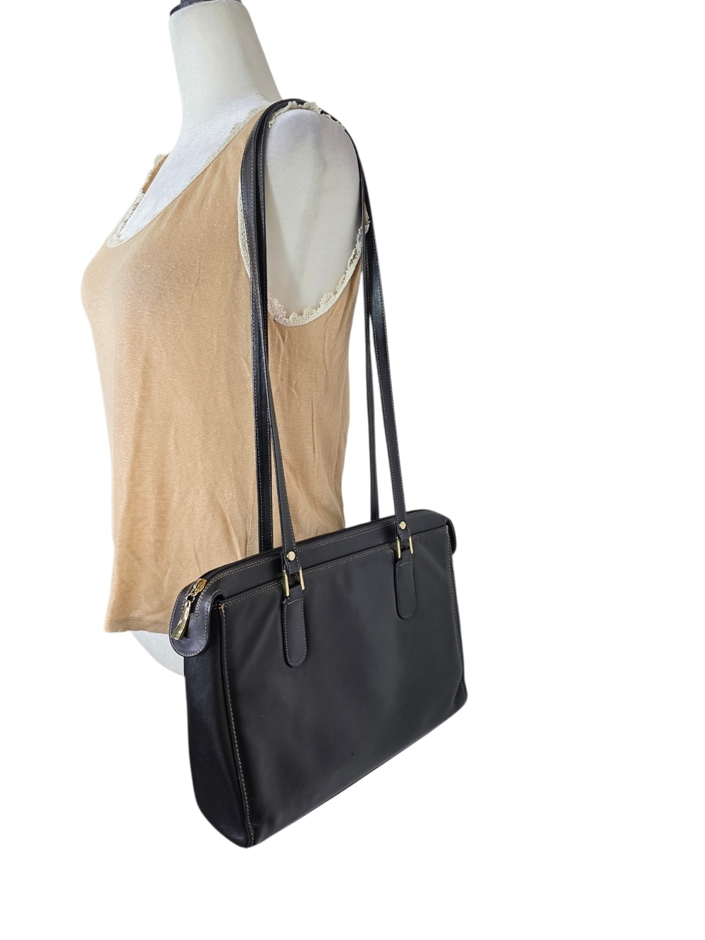 Vintage Franco Visconti Black Leather Shoulder Bag with Gold Hardware